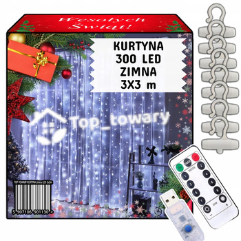 LAMPKI KURTYNA ŚWIETLNA 300 LED GIRLANDA USB PILOT DRUCIK 3x3m BIAŁY ZIMNY