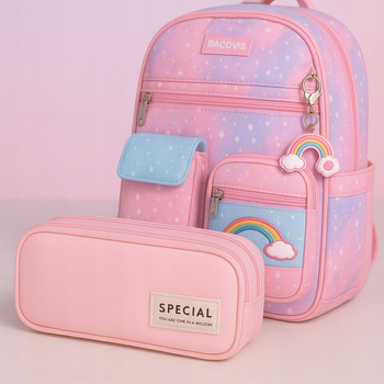 PLECAK SZKOLNY TORNISTER DLA DZIEWCZYNKI RÓŻOWY TĘCZA piórnik gratis